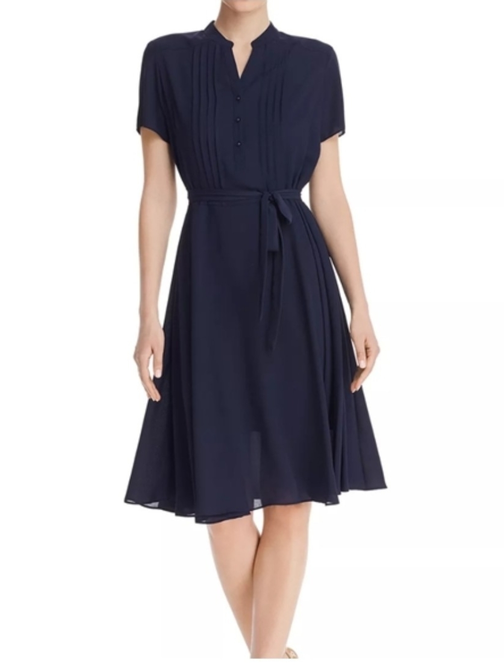 Nanette Lepore Navy Pintuck Short-Sleeve Belted Midi Dress